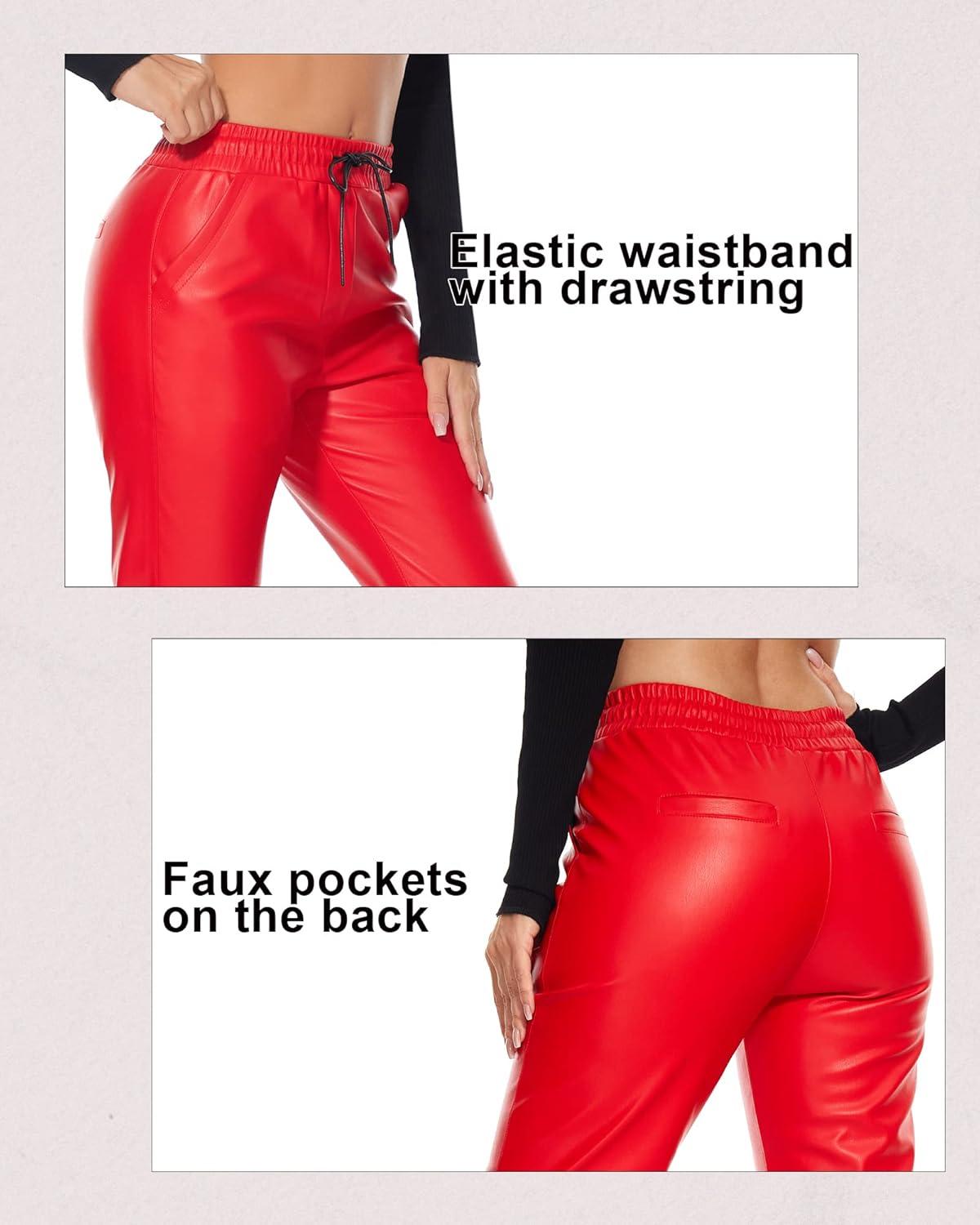 imageTagoo Faux Leather Pants for Women High Waisted Pleather Joggers Straight Leg Trousers with PocketsRed