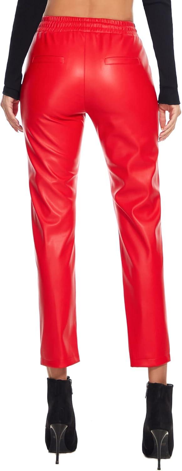 imageTagoo Faux Leather Pants for Women High Waisted Pleather Joggers Straight Leg Trousers with PocketsRed
