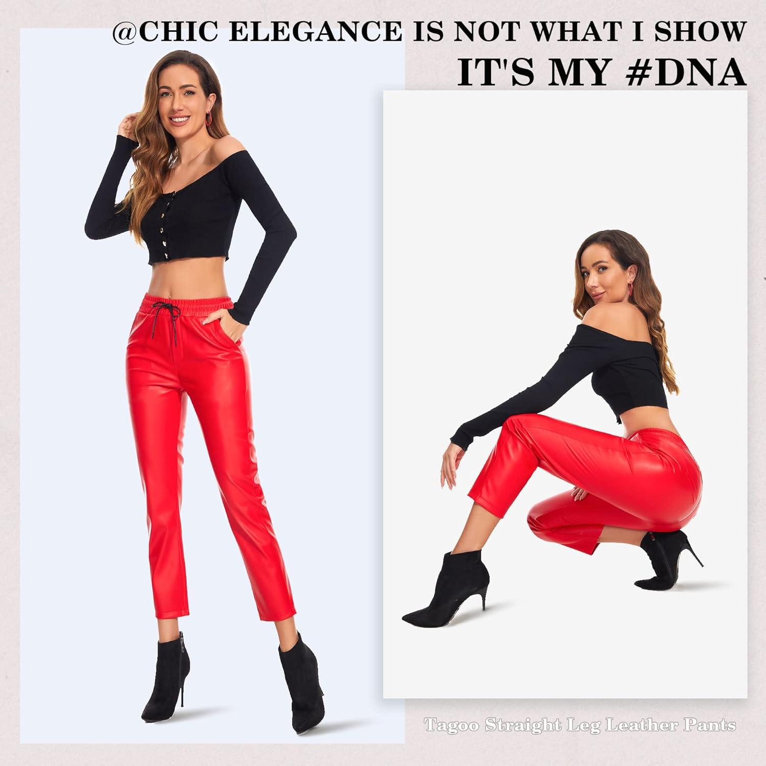 imageTagoo Faux Leather Pants for Women High Waisted Pleather Joggers Straight Leg Trousers with PocketsRed
