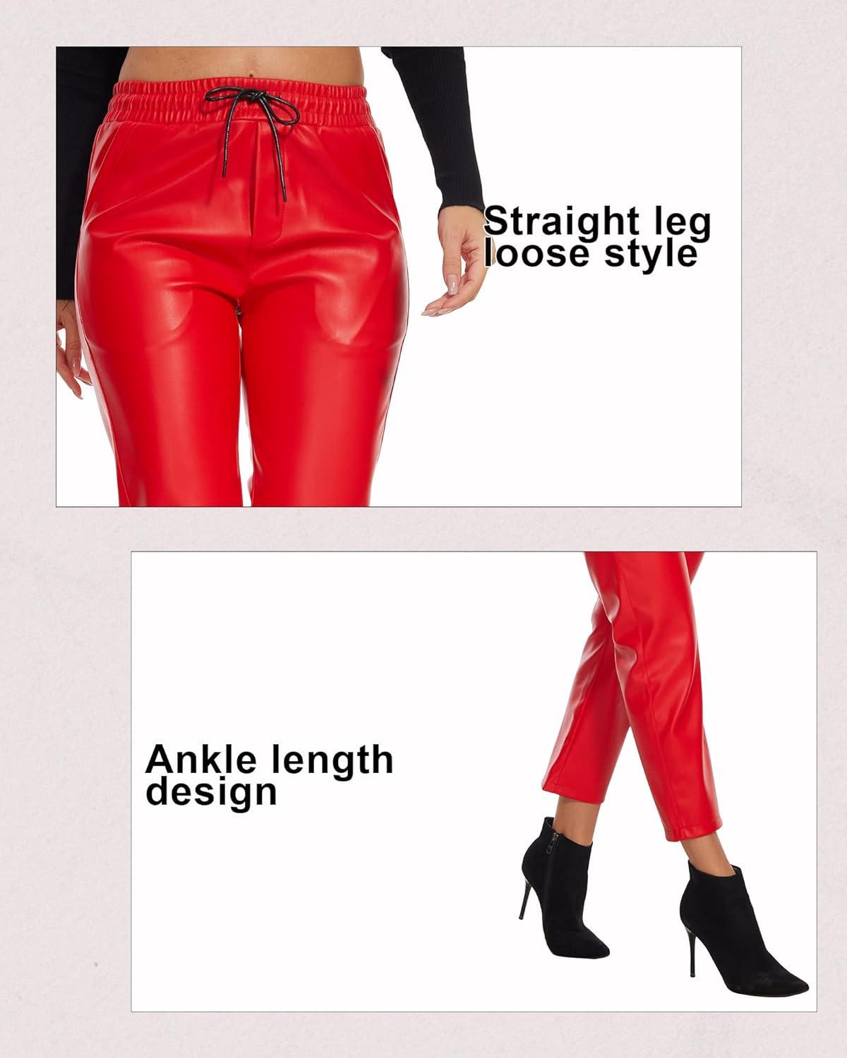 imageTagoo Faux Leather Pants for Women High Waisted Pleather Joggers Straight Leg Trousers with PocketsRed