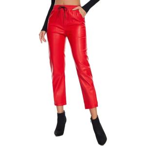 Tagoo Faux Leather Pants for Women High Waisted Pleather Joggers Straight Leg Trousers with Pockets(Red)