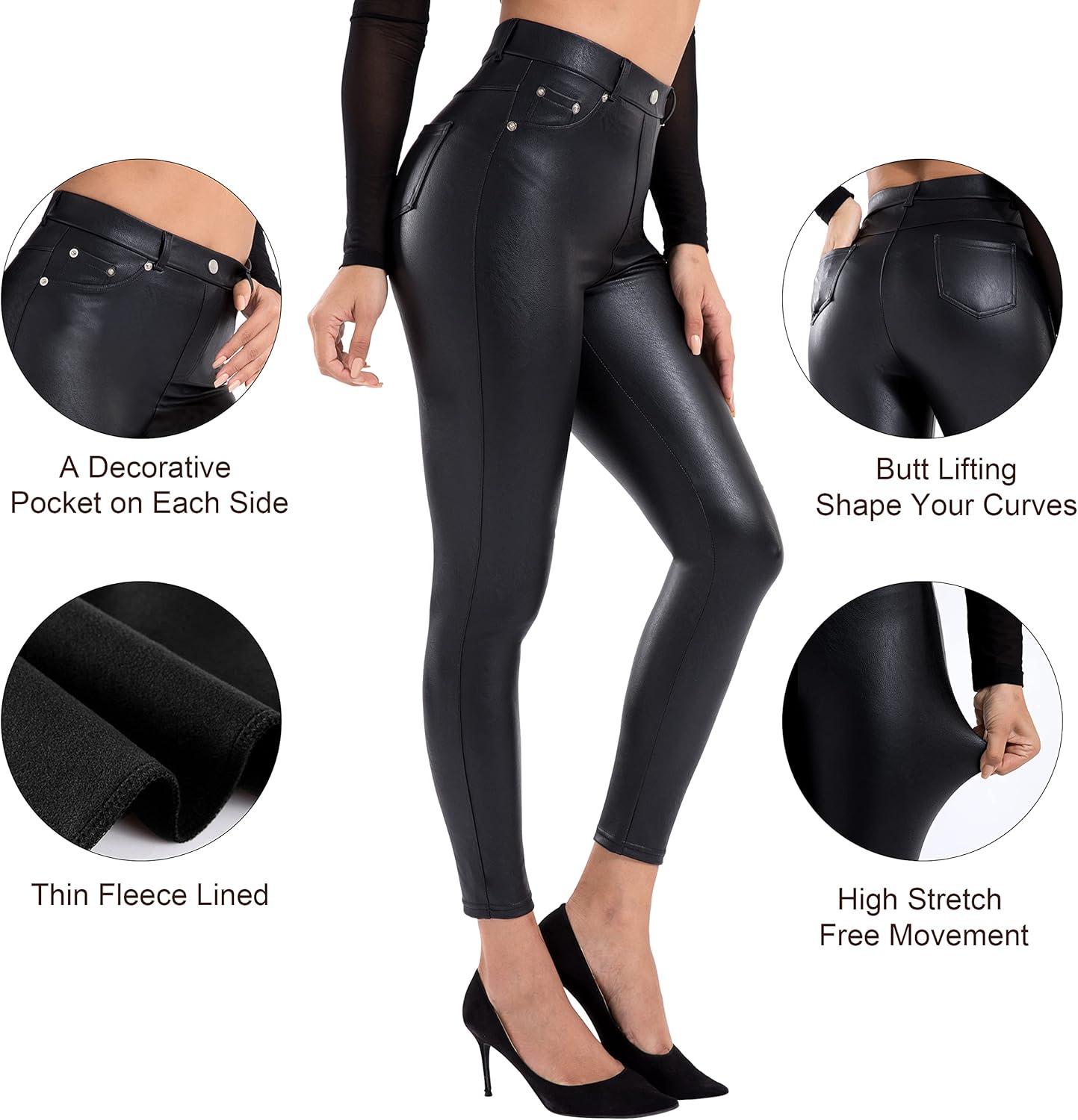 imageTagoo Faux Leather Leggings for Women High Waisted Pleather Pants Stretch Tights with PocketsBlack