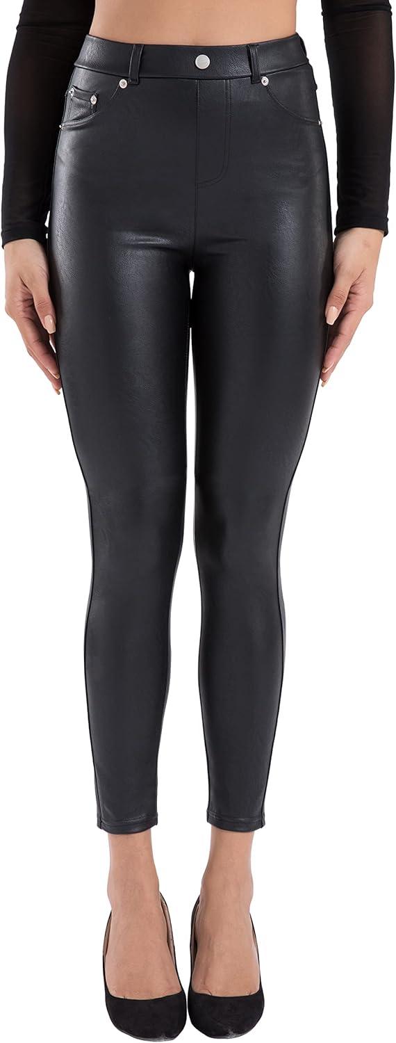imageTagoo Faux Leather Leggings for Women High Waisted Pleather Pants Stretch Tights with PocketsBlack