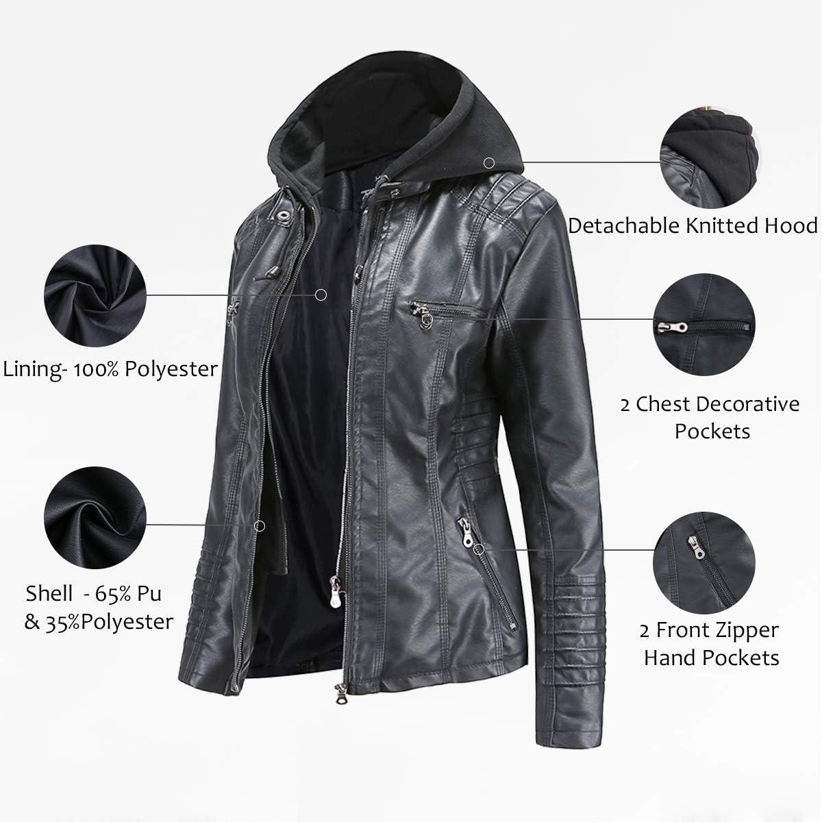 imageTagoo Faux Leather Jacket Women Motorcycle Coat for Biker with Removable Hood Plus SizeBlack
