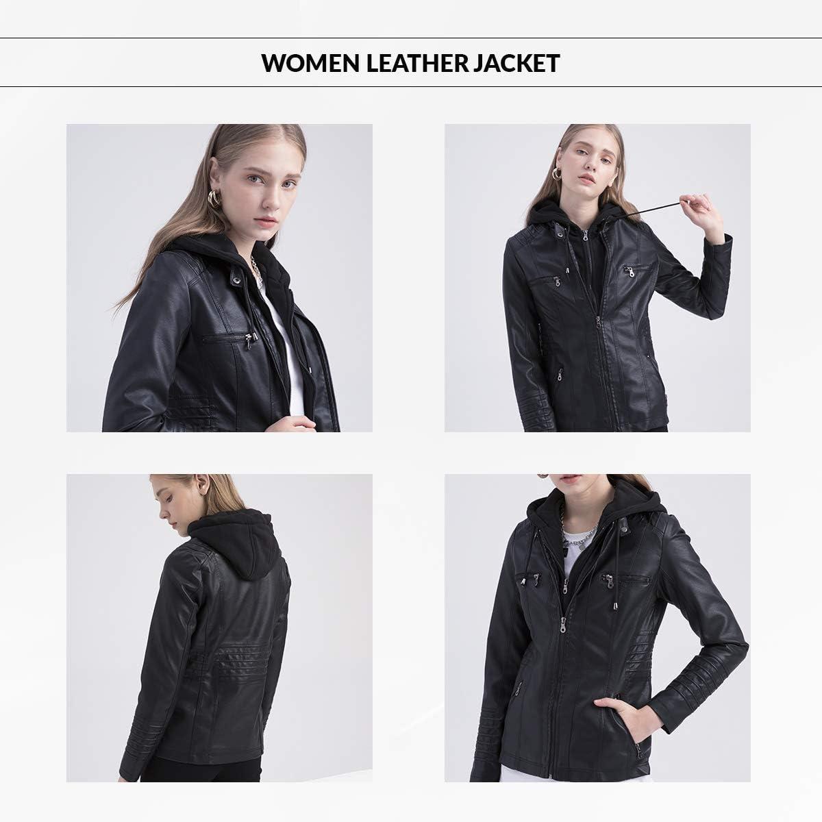 imageTagoo Faux Leather Jacket Women Motorcycle Coat for Biker with Removable Hood Plus SizeBlack
