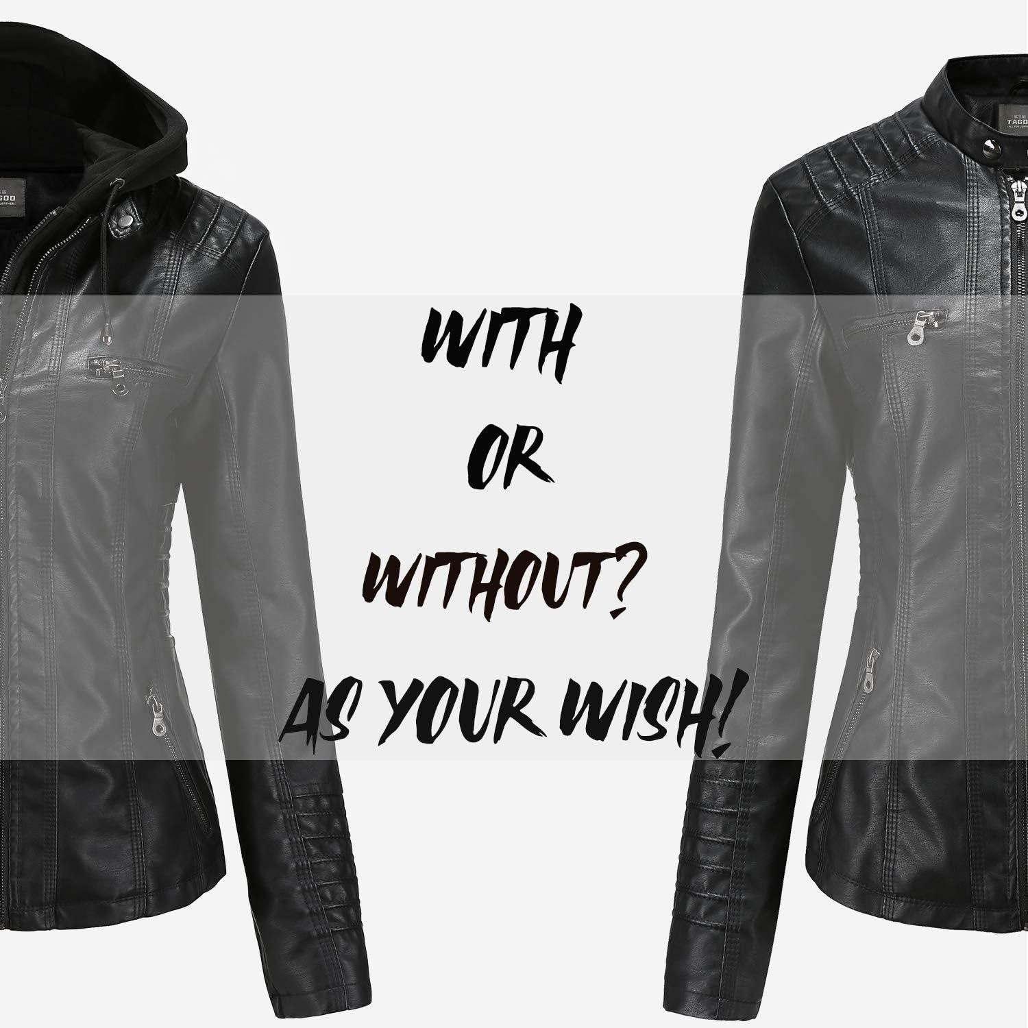imageTagoo Faux Leather Jacket Women Motorcycle Coat for Biker with Removable Hood Plus SizeBlack