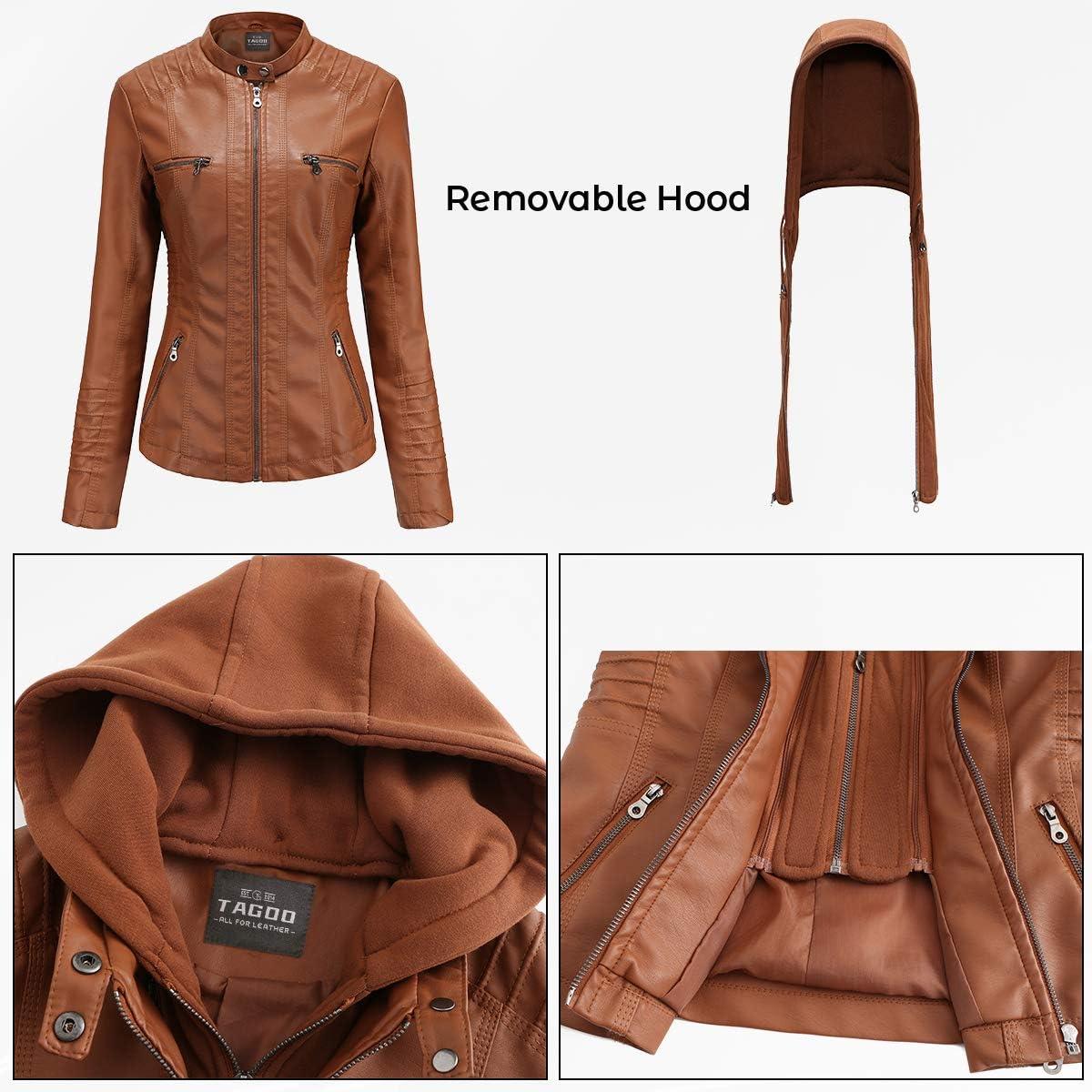 imageTagoo Faux Leather Jacket Women Motorcycle Coat for Biker with Removable Hood Plus SizeBrown