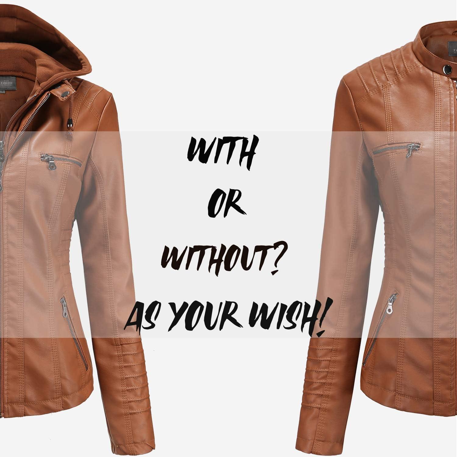 imageTagoo Faux Leather Jacket Women Motorcycle Coat for Biker with Removable Hood Plus SizeBrown
