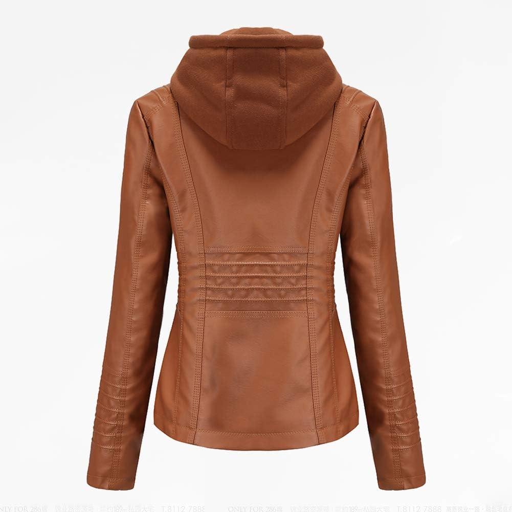 imageTagoo Faux Leather Jacket Women Motorcycle Coat for Biker with Removable Hood Plus SizeBrown