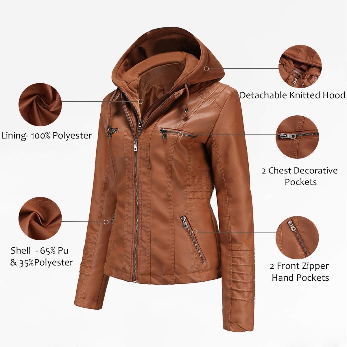 imageTagoo Faux Leather Jacket Women Motorcycle Coat for Biker with Removable Hood Plus SizeBrown