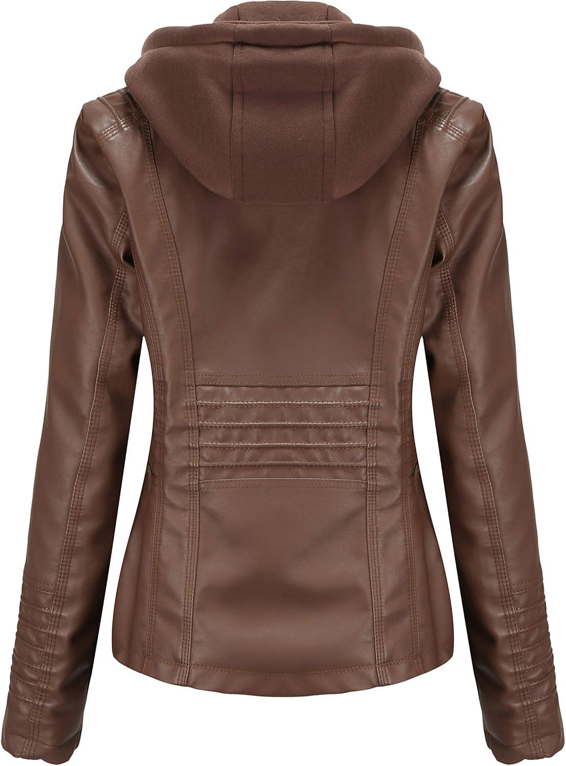 imageTagoo Faux Leather Jacket Women Motorcycle Coat for Biker with Removable Hood Plus SizeCoffee