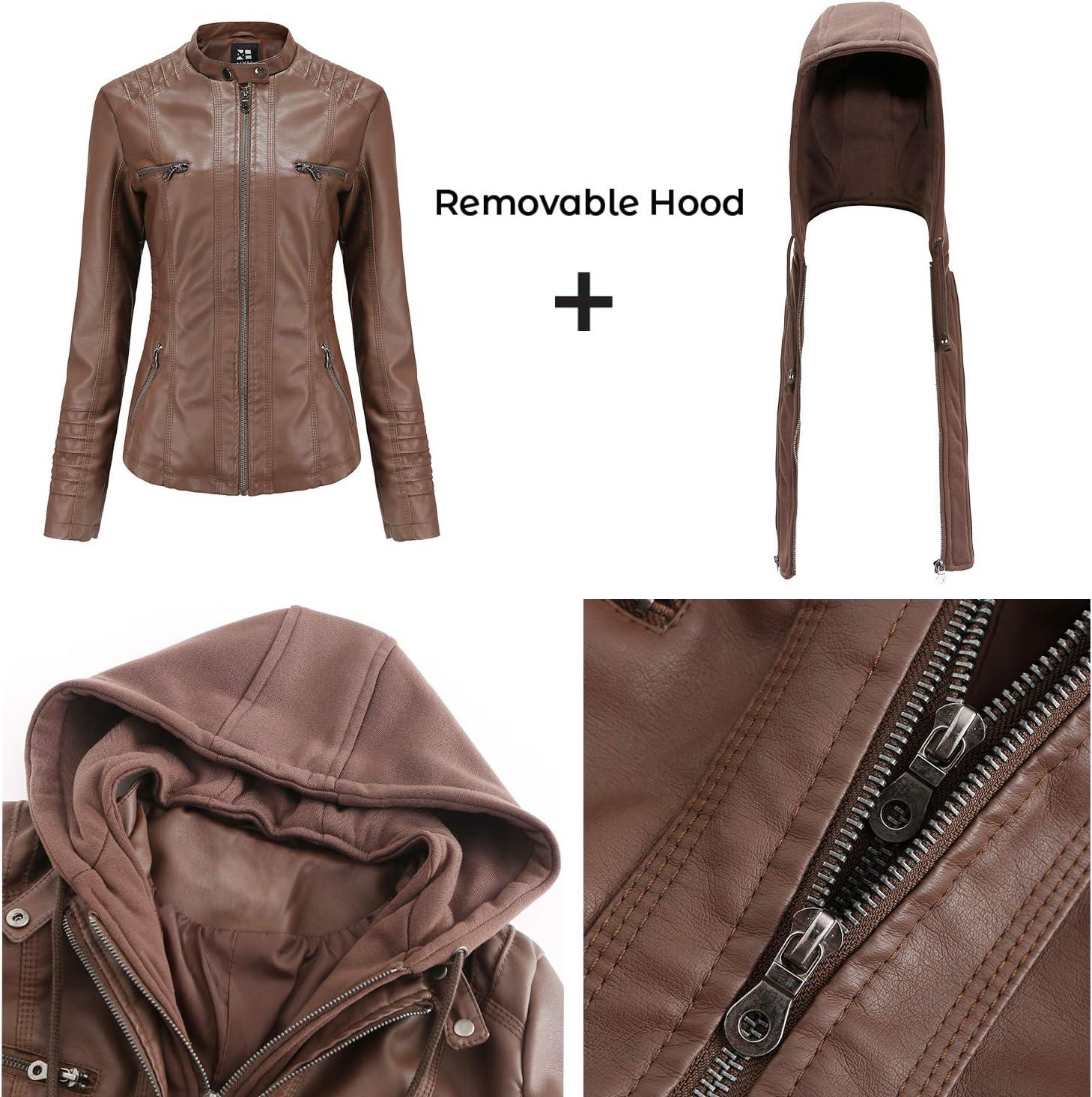 imageTagoo Faux Leather Jacket Women Motorcycle Coat for Biker with Removable Hood Plus SizeCoffee