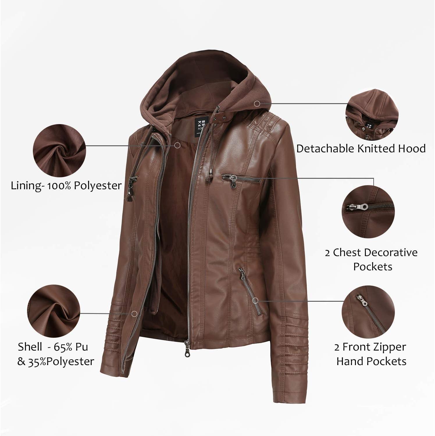 imageTagoo Faux Leather Jacket Women Motorcycle Coat for Biker with Removable Hood Plus SizeCoffee