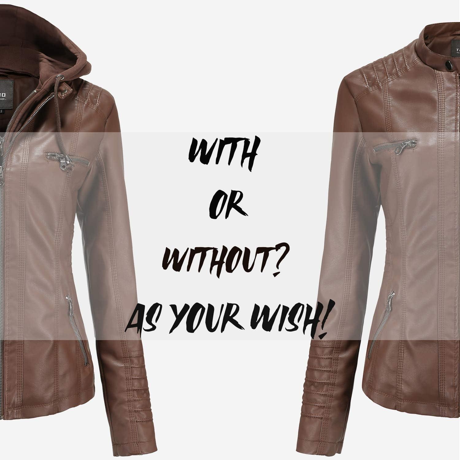 imageTagoo Faux Leather Jacket Women Motorcycle Coat for Biker with Removable Hood Plus SizeCoffee