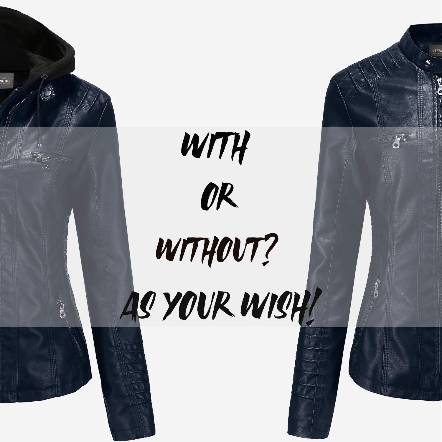 imageTagoo Faux Leather Jacket Women Motorcycle Coat for Biker with Removable Hood Plus SizeNavy Blue