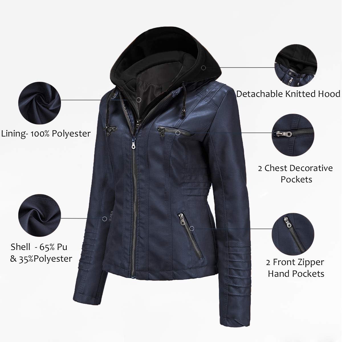 imageTagoo Faux Leather Jacket Women Motorcycle Coat for Biker with Removable Hood Plus SizeNavy Blue