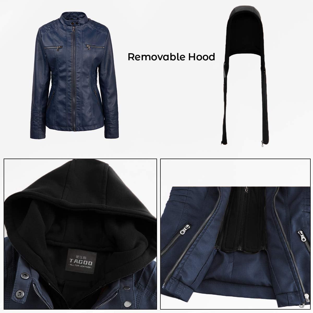 imageTagoo Faux Leather Jacket Women Motorcycle Coat for Biker with Removable Hood Plus SizeNavy Blue