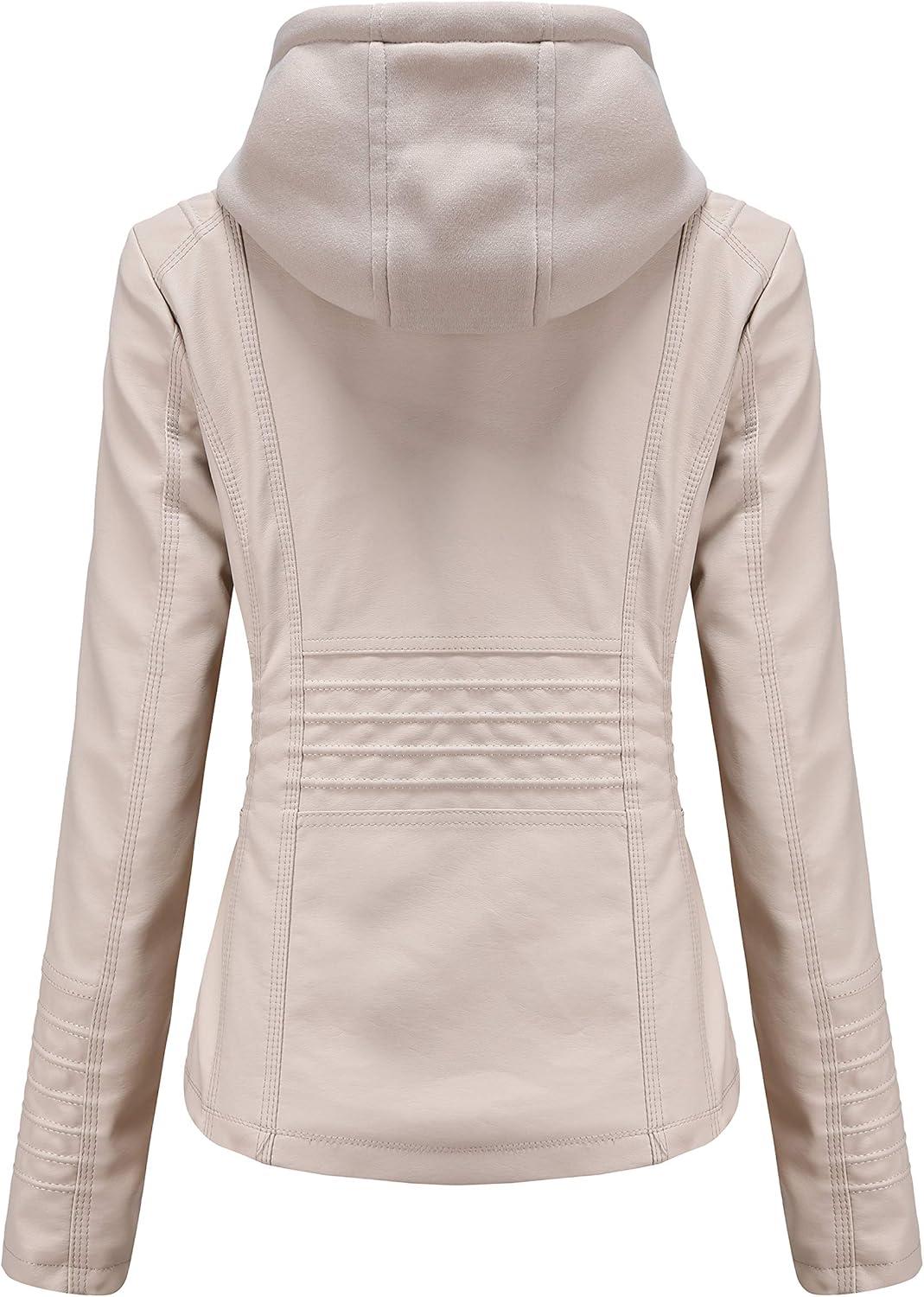 imageTagoo Faux Leather Jacket Women Motorcycle Coat for Biker with Removable Hood Plus SizeOffwhite