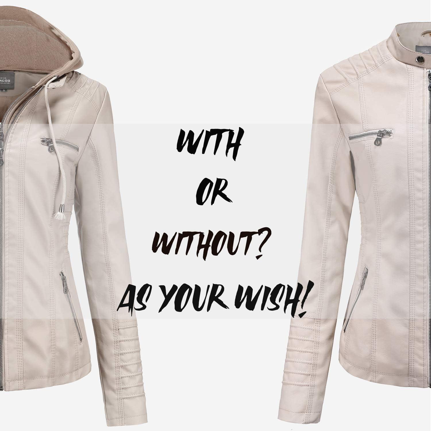 imageTagoo Faux Leather Jacket Women Motorcycle Coat for Biker with Removable Hood Plus SizeOffwhite