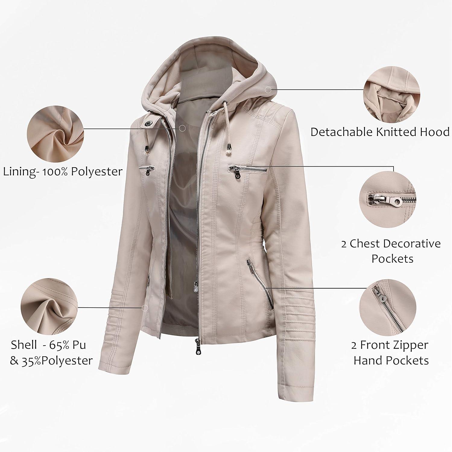 imageTagoo Faux Leather Jacket Women Motorcycle Coat for Biker with Removable Hood Plus SizeOffwhite