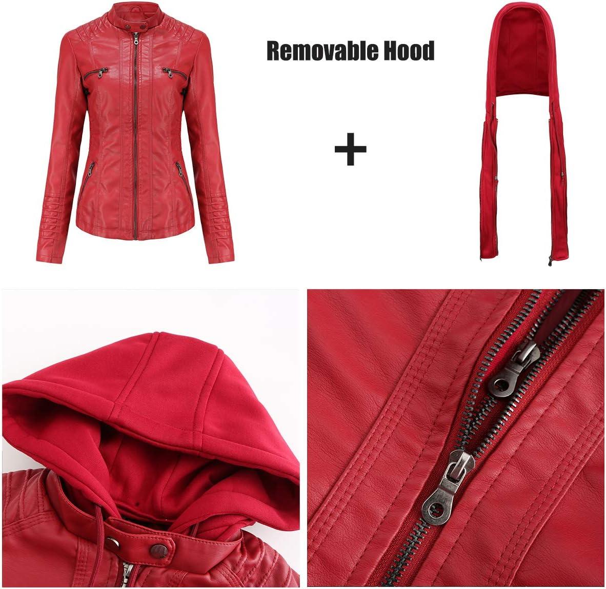 imageTagoo Faux Leather Jacket Women Motorcycle Coat for Biker with Removable Hood Plus SizeRed