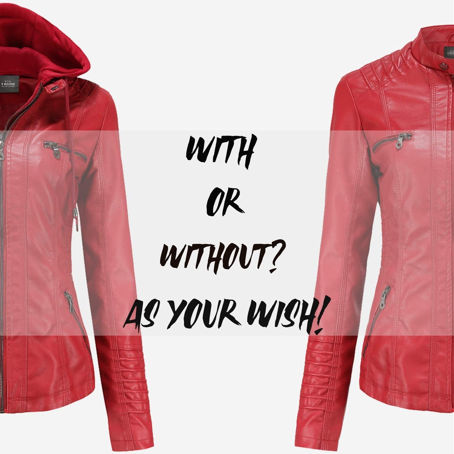 imageTagoo Faux Leather Jacket Women Motorcycle Coat for Biker with Removable Hood Plus SizeRed