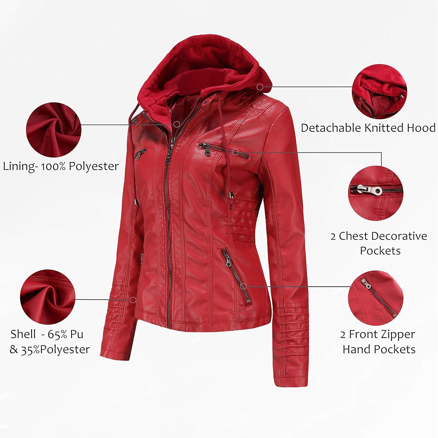 imageTagoo Faux Leather Jacket Women Motorcycle Coat for Biker with Removable Hood Plus SizeRed