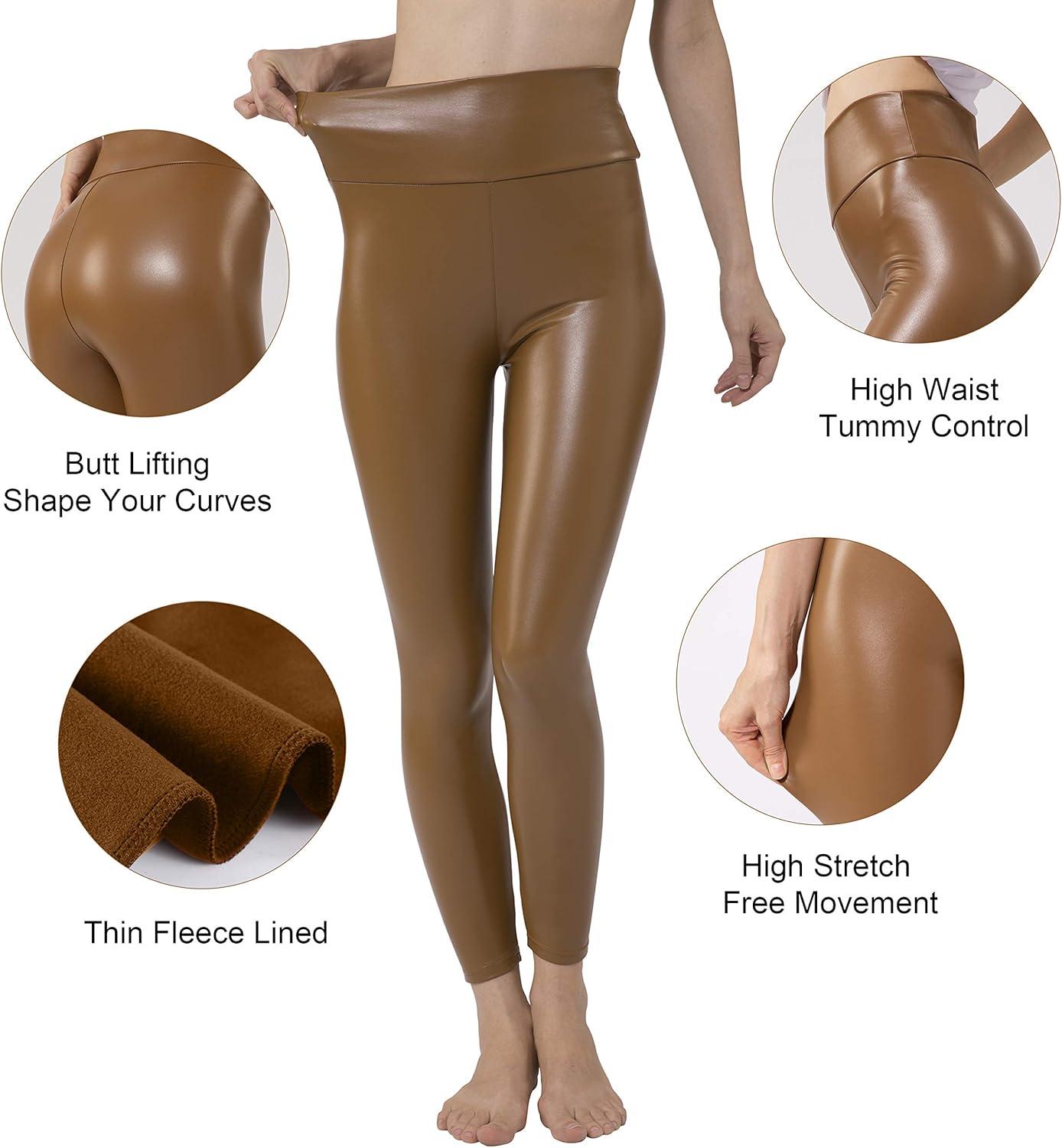 imageTagoo Womens Stretchy Faux Leather Leggings Pants Sexy Red High Waisted TightsBrown