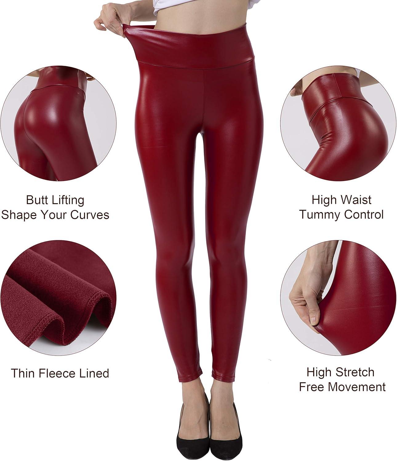 imageTagoo Womens Stretchy Faux Leather Leggings Pants Sexy Red High Waisted TightsRed