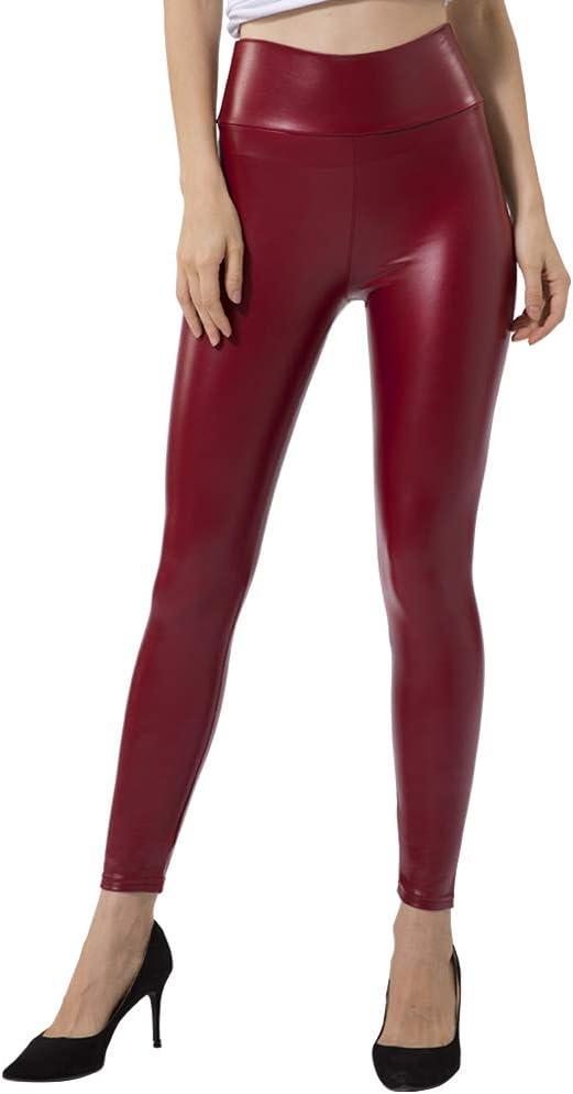 imageTagoo Womens Stretchy Faux Leather Leggings Pants Sexy Red High Waisted TightsRed