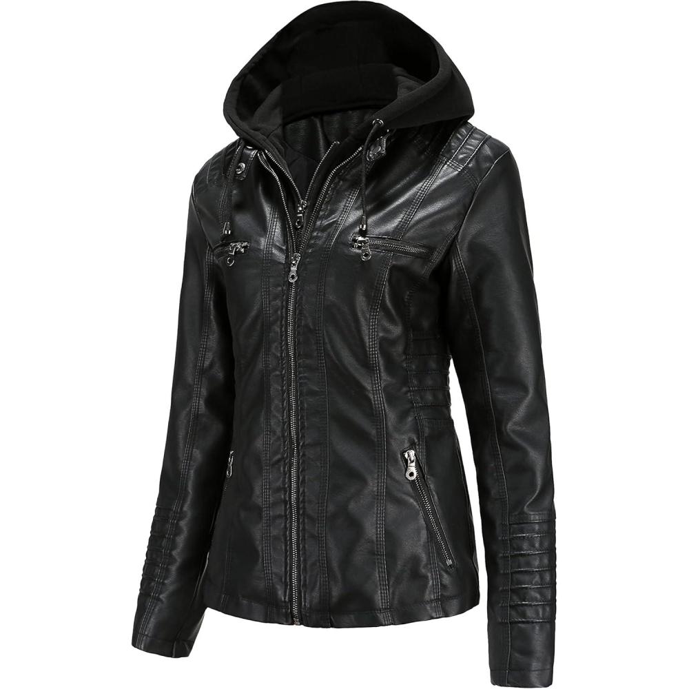 imageTagoo Faux Leather Jacket Women Motorcycle Coat for Biker with Removable Hood Plus SizeBlack