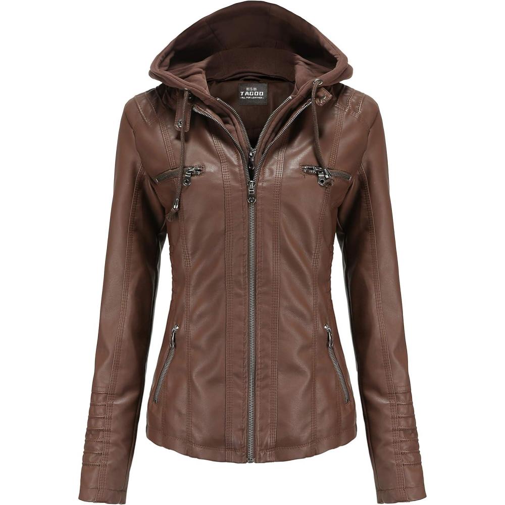imageTagoo Faux Leather Jacket Women Motorcycle Coat for Biker with Removable Hood Plus SizeCoffee