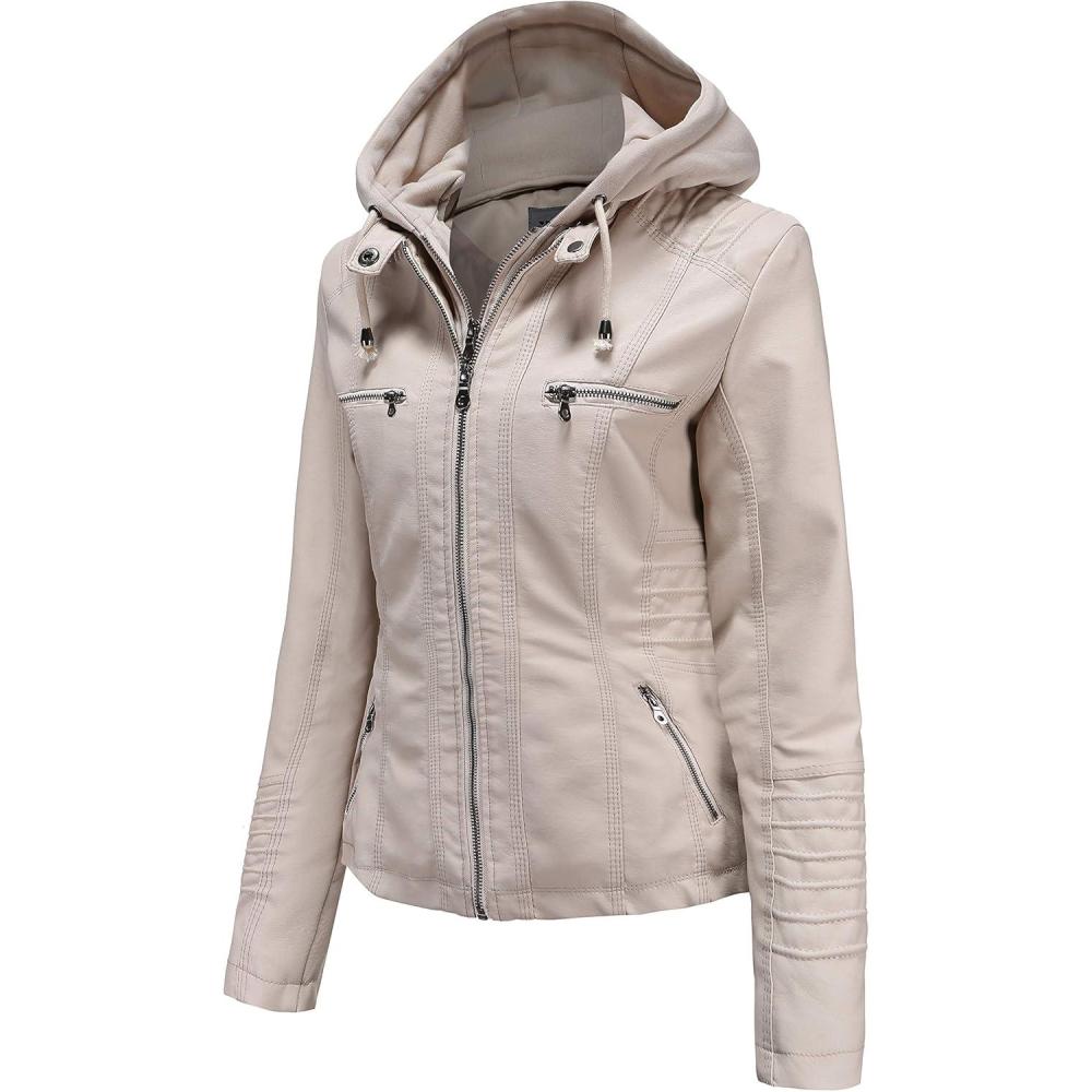 imageTagoo Faux Leather Jacket Women Motorcycle Coat for Biker with Removable Hood Plus SizeOffwhite