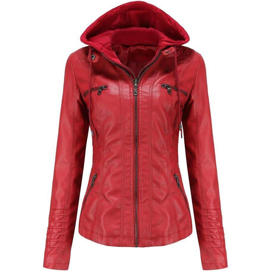 imageTagoo Faux Leather Jacket Women Motorcycle Coat for Biker with Removable Hood Plus SizeRed