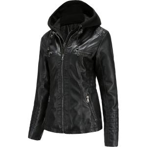Tagoo Faux Leather Jacket Women Motorcycle Coat for Biker with Removable Hood Plus Size(Black)