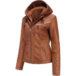 Tagoo Faux Leather Jacket Women Motorcycle Coat for Biker with Removable Hood Plus Size(Brown)