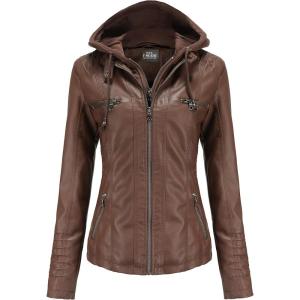 Tagoo Faux Leather Jacket Women Motorcycle Coat for Biker with Removable Hood Plus Size(Coffee)