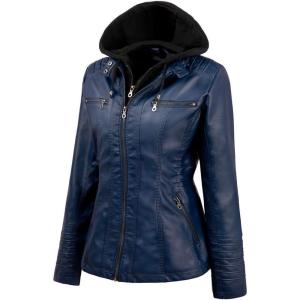 Tagoo Faux Leather Jacket Women Motorcycle Coat for Biker with Removable Hood Plus Size(Navy Blue)