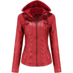 Tagoo Faux Leather Jacket Women Motorcycle Coat for Biker with Removable Hood Plus Size(Red)
