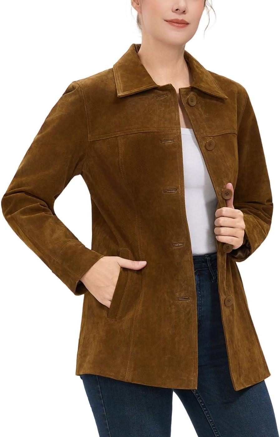 imageBGSD Women Anna Suede Leather Car Coat Also available in Plus Size amp PetiteTobacco