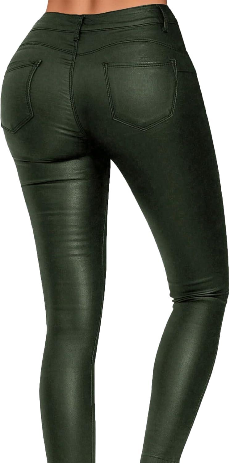 imageBenfoly Leather Pants for Women High Waisted Skinny Tummy Control Thick Thermal Lined Stretch Sexy Push Up Pleather LeggingsArmy Green