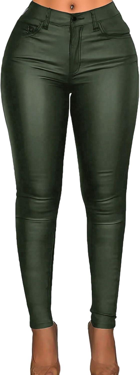 imageBenfoly Leather Pants for Women High Waisted Skinny Tummy Control Thick Thermal Lined Stretch Sexy Push Up Pleather LeggingsArmy Green
