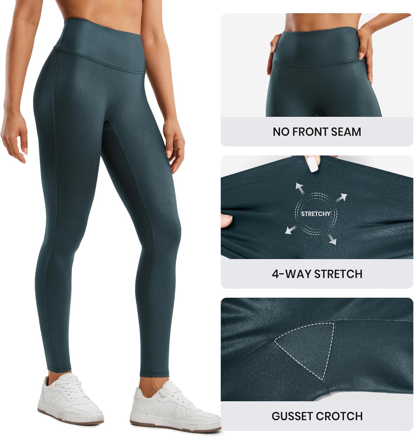 imageCRZ YOGA No Front Seam Faux Leather Leggings 28 Butterluxe Matte High Waist Stretch Tights Womens Pleather PantsForest Dark Green Foil Pattern