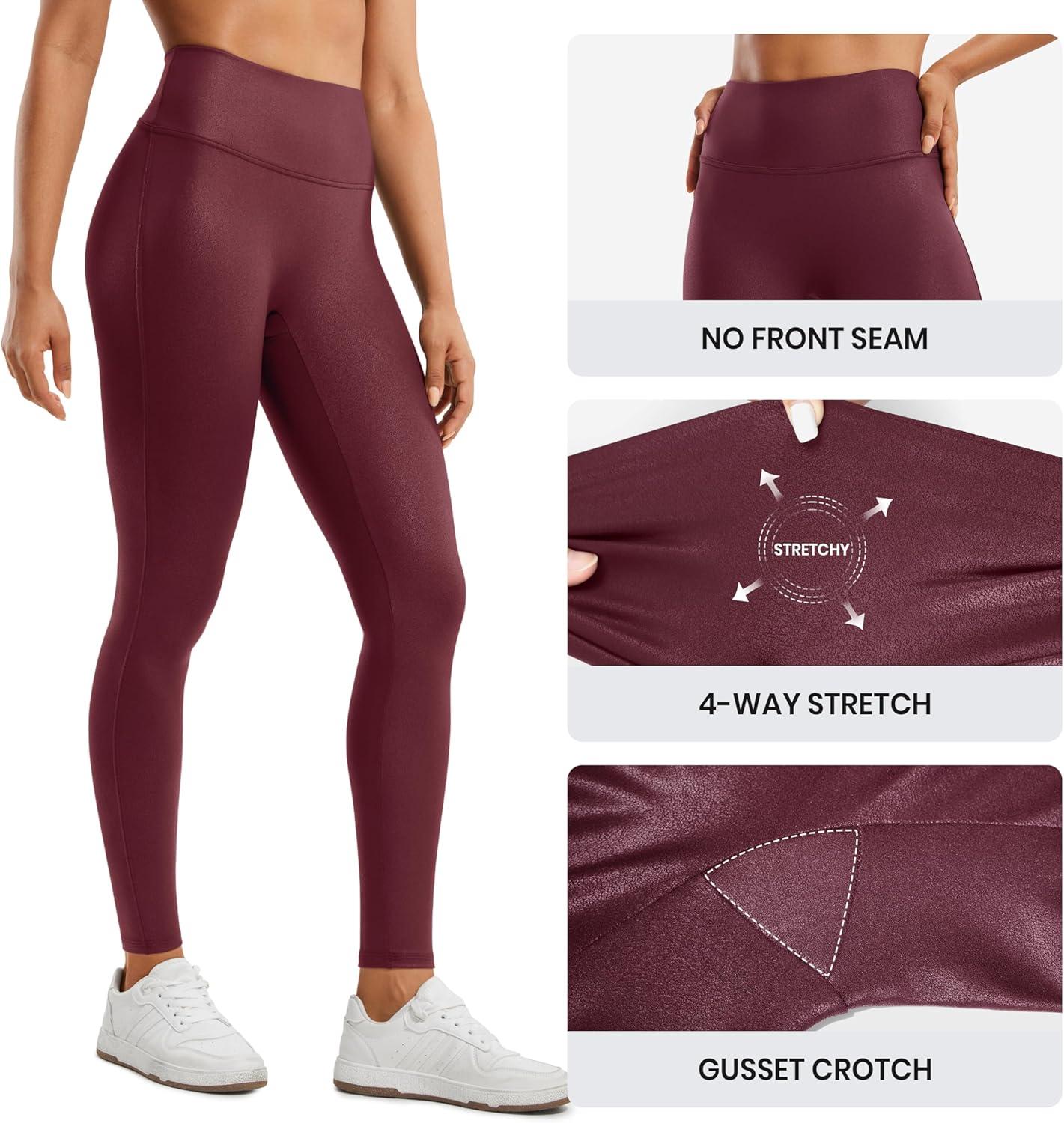 imageCRZ YOGA No Front Seam Faux Leather Leggings 28 Butterluxe Matte High Waist Stretch Tights Womens Pleather PantsRed Merlot Foil Pattern