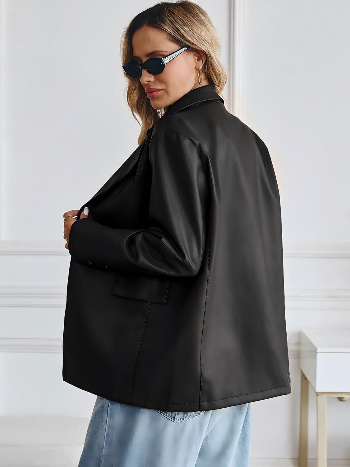 imageKateModa Womens Faux Leather Blazer Oversized Bomber Winter Coat Motocycle Button Down Fall Jackets with PocketsBlack