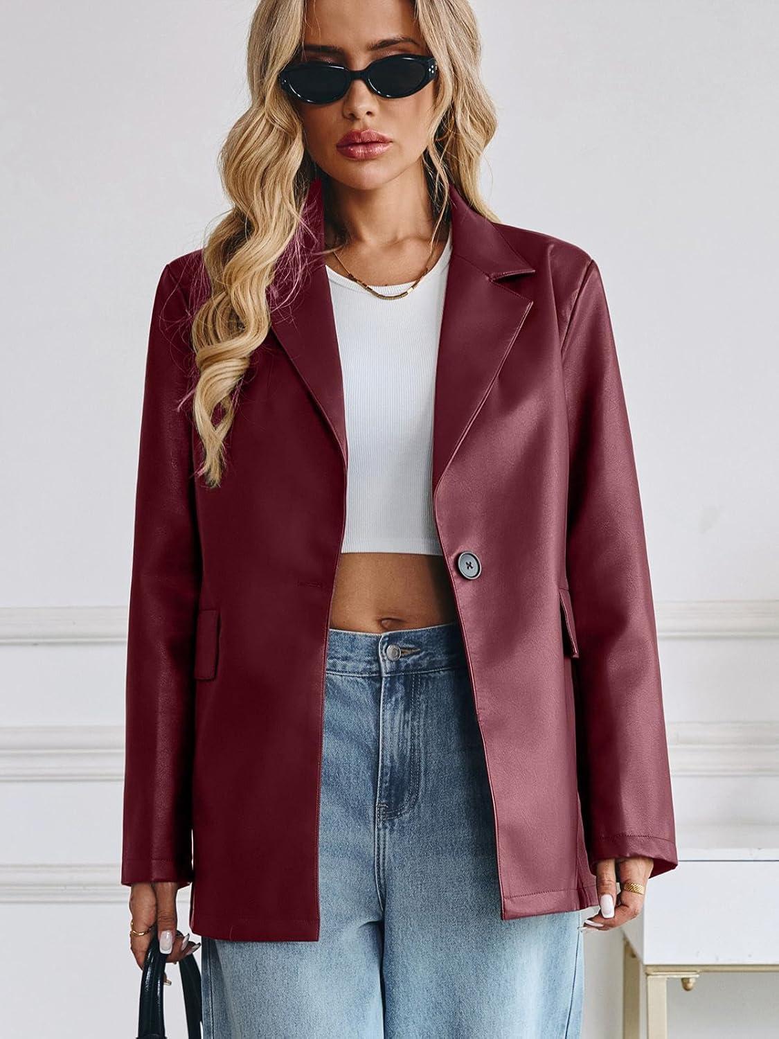 imageKateModa Womens Faux Leather Blazer Oversized Bomber Winter Coat Motocycle Button Down Fall Jackets with PocketsBurgundy