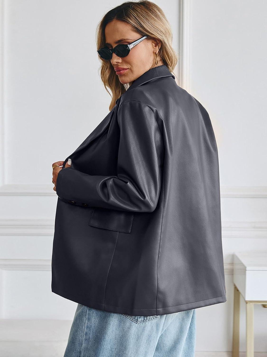 imageKateModa Womens Faux Leather Blazer Oversized Bomber Winter Coat Motocycle Button Down Fall Jackets with PocketsGrey