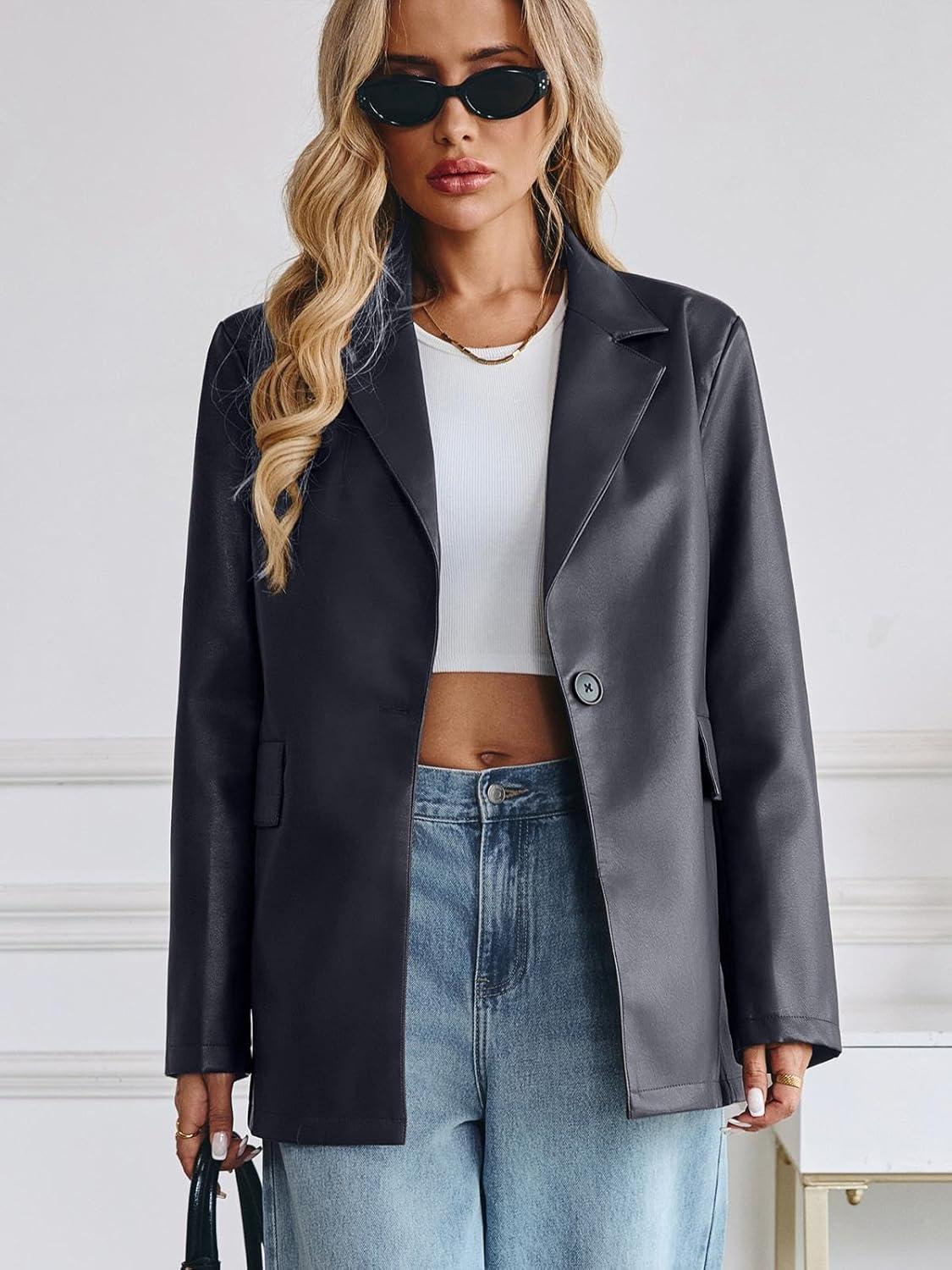 imageKateModa Womens Faux Leather Blazer Oversized Bomber Winter Coat Motocycle Button Down Fall Jackets with PocketsGrey
