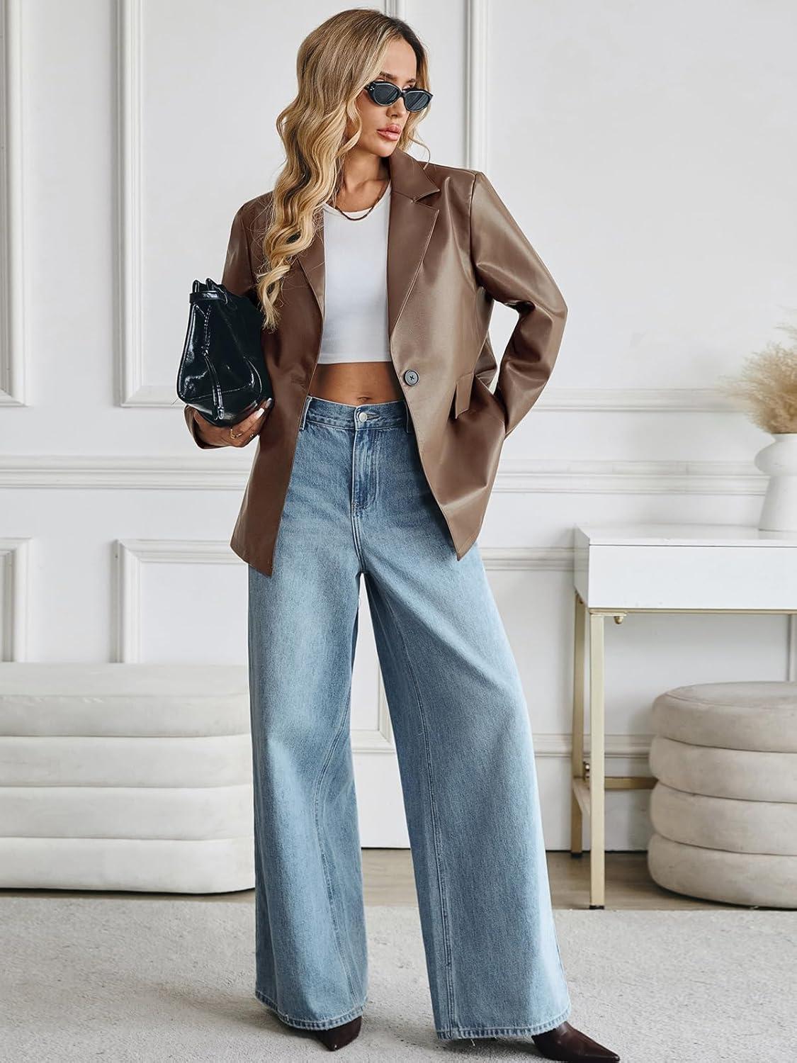 imageKateModa Womens Faux Leather Blazer Oversized Bomber Winter Coat Motocycle Button Down Fall Jackets with PocketsKhaki