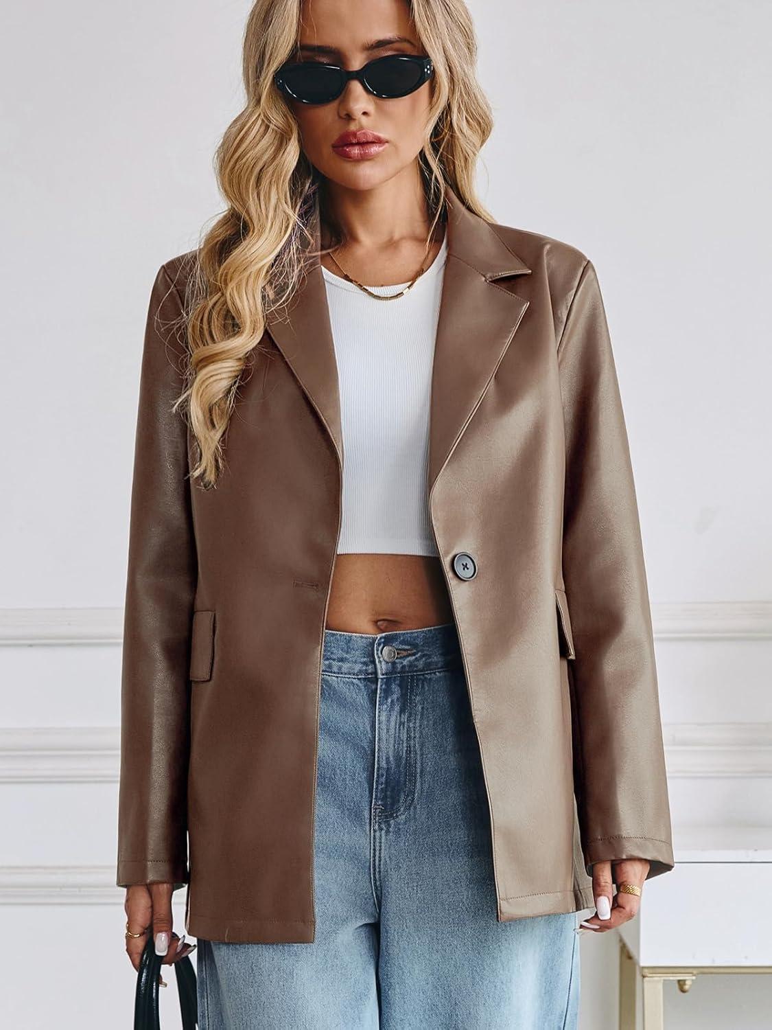 imageKateModa Womens Faux Leather Blazer Oversized Bomber Winter Coat Motocycle Button Down Fall Jackets with PocketsKhaki